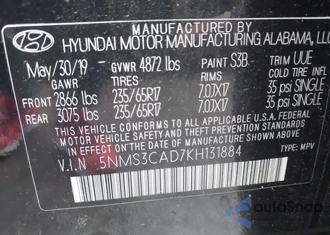 2019 Hyundai Santa Fe Sel z USA, uszkodzony, nr VIN 5NMS3CAD7KH131884